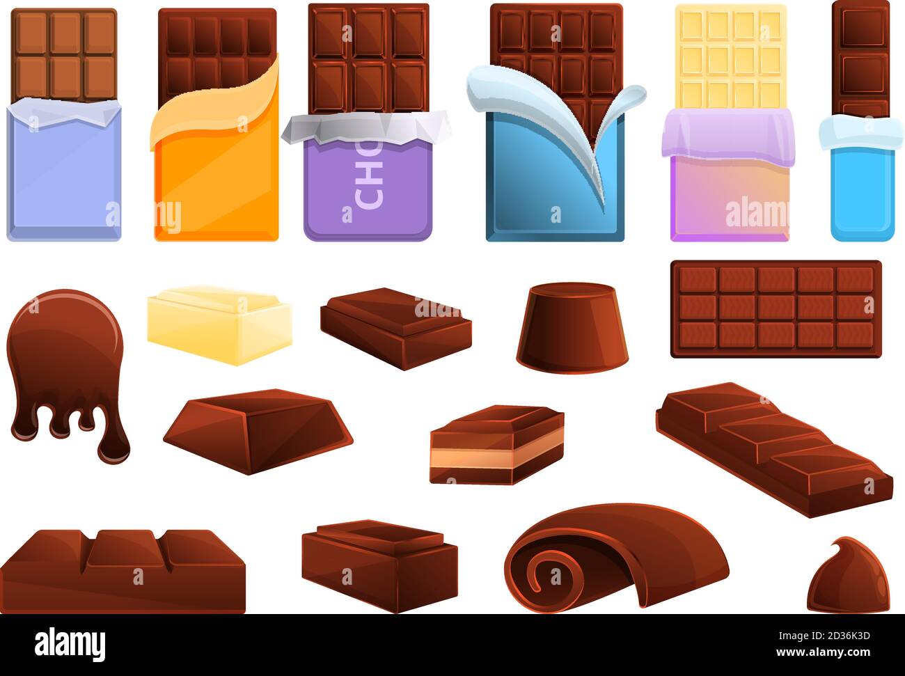 Set mit Schokoladensymbolen. Cartoon-Set von Schokolade Vektor-Icons für Web-Design Stock Vektor