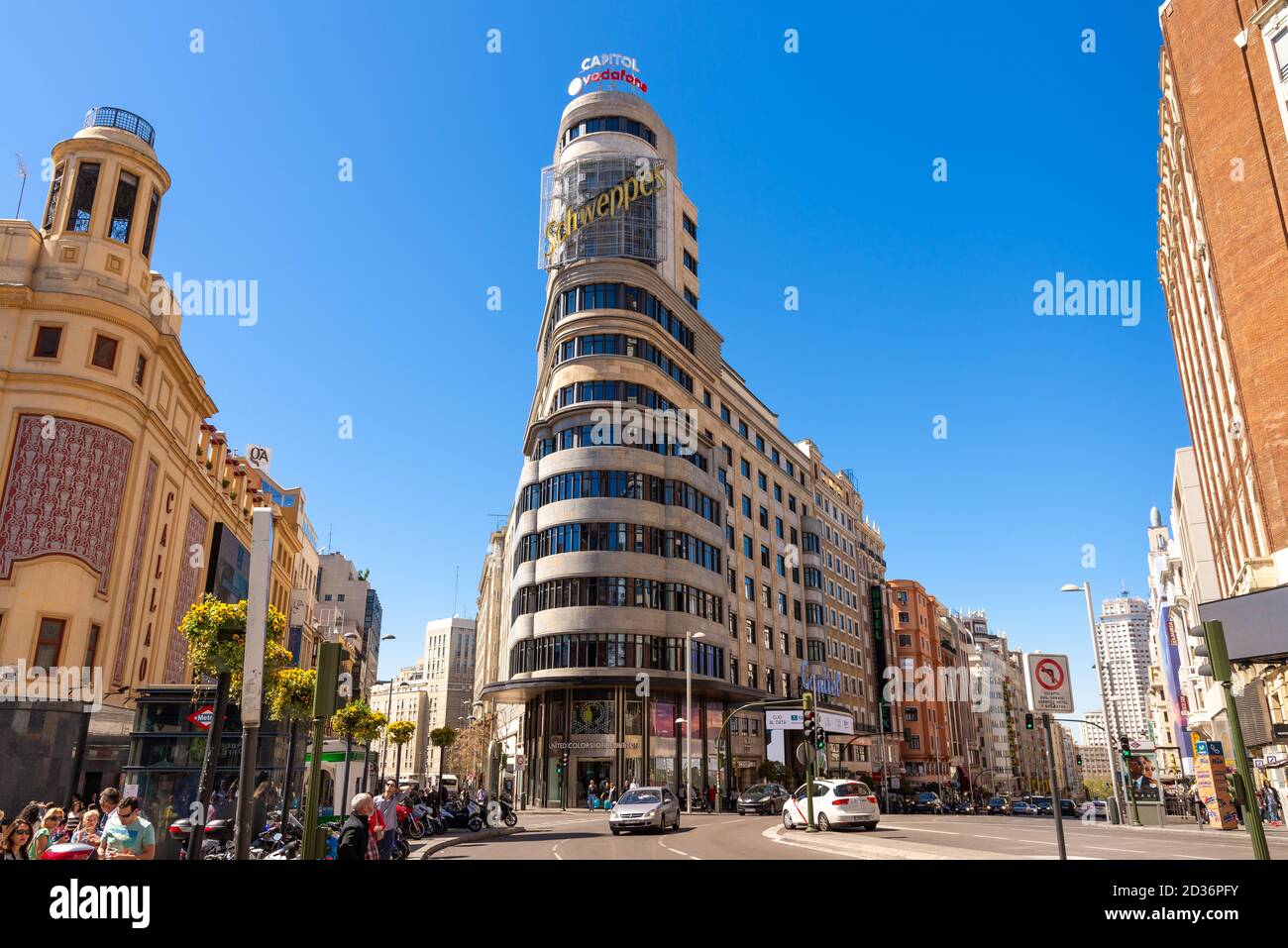 Schweppes Gebäude oder Edificio Carrion an der Gran Via, Madrid, Spanien Stockfoto