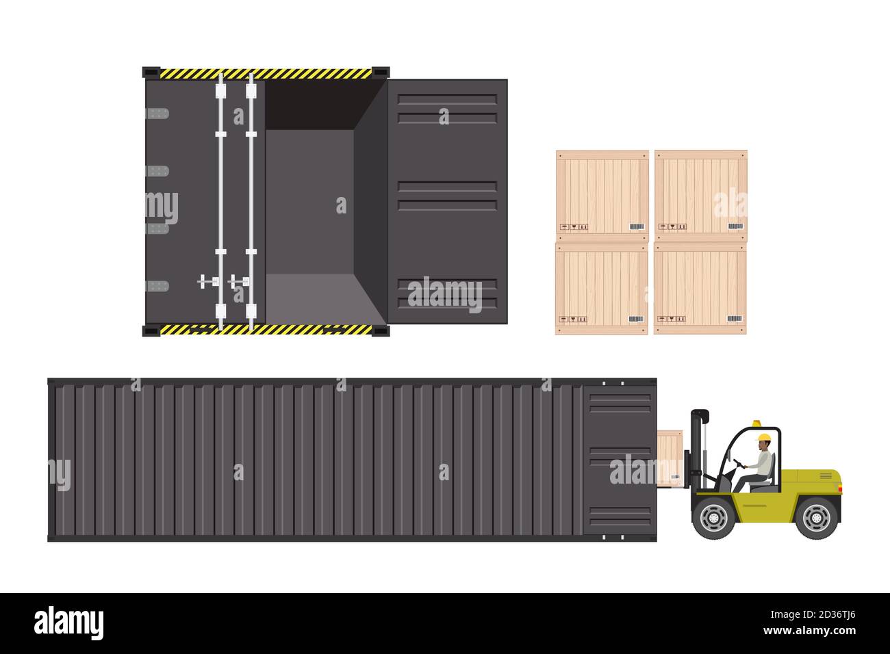 Frachtcontainer -Fassade und Profilansicht, Gabelstapler und Holzkasten Stock Vektor