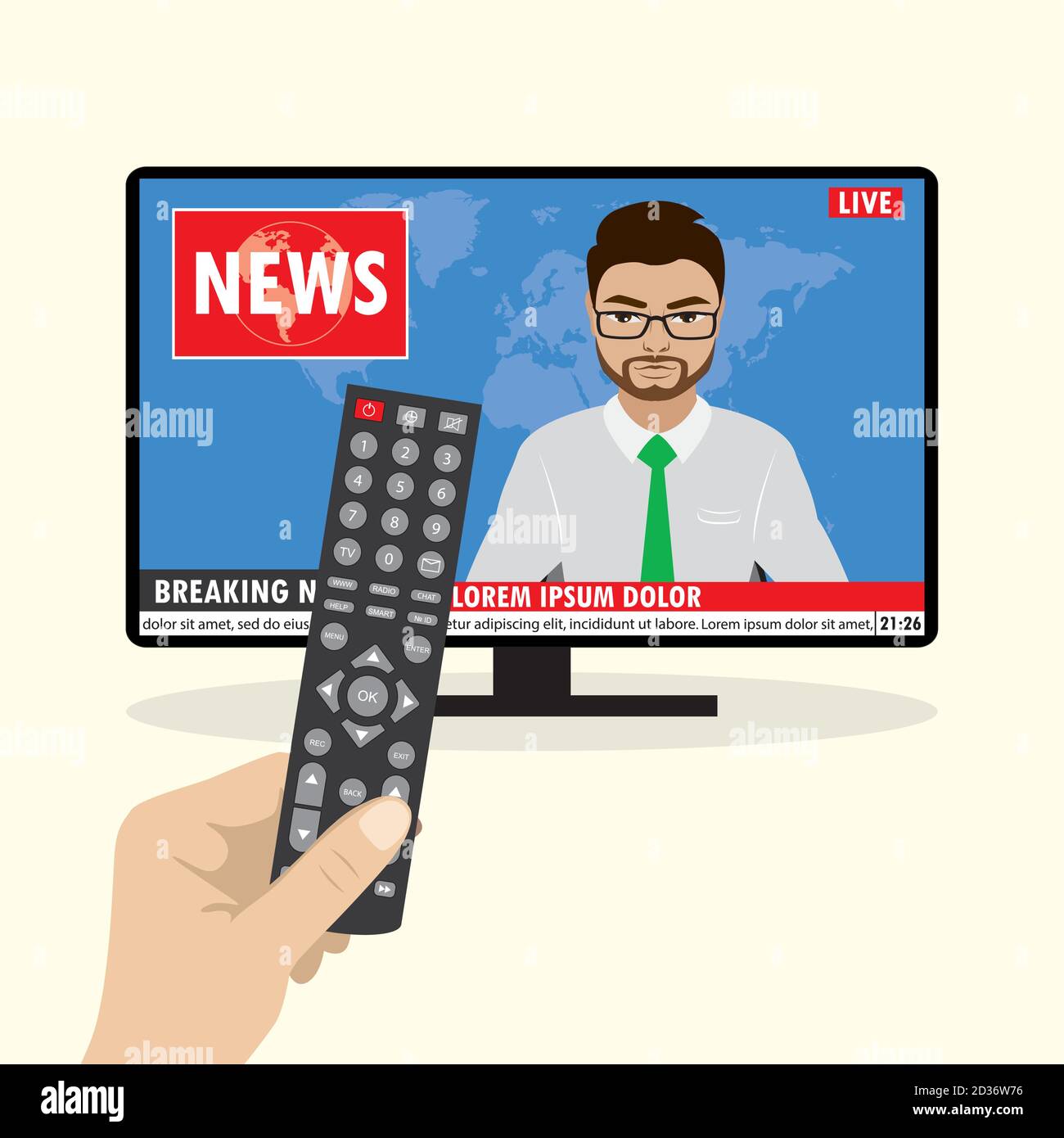 TV-Nachrichtenanker, der aktuelle Nachrichten auf dem fernsehbildschirm berichtet Stock Vektor