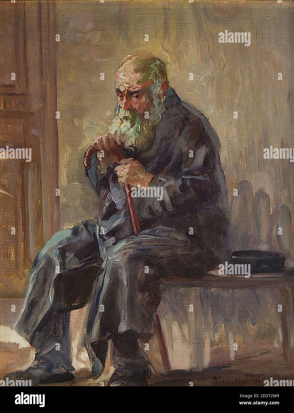 Trebacz Maurycy - Alter Mann mit einem hölzernen Stock - Polnische Schule - Stockfoto