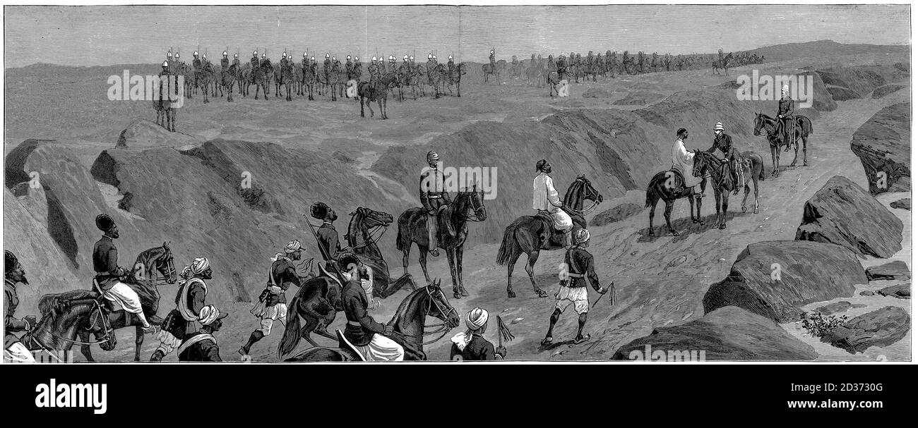 Halbton der Ankunft von Mahommed Yakoob Khan auf dem British Encampment in Gandamak, um Major Cavagnari zu treffen, um den Vertrag von Gandamak am 26. Mai 1879 nach dem zweiten Anglo-afghanischen Krieg zu unterzeichnen. Stockfoto