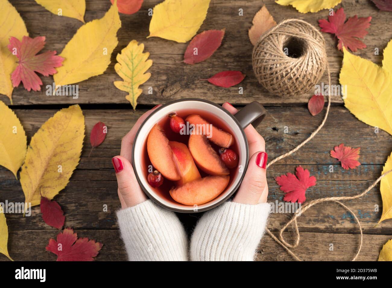 Damenhänden mit einem weißen Pullover halten Tassen mit einem warmen Fruchtgetränk auf einem hölzernen Hintergrund mit herbstlichen gelben und roten Blättern. Stockfoto