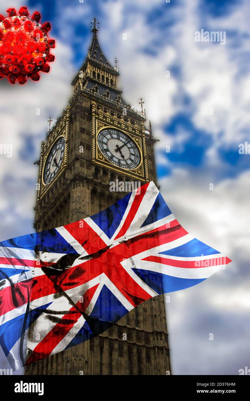 Big Ben in London, England und Britische Flagge mit Coronavirus. Das Konzept der Pandemie oder Sperrung in Großbritannien. Stockfoto