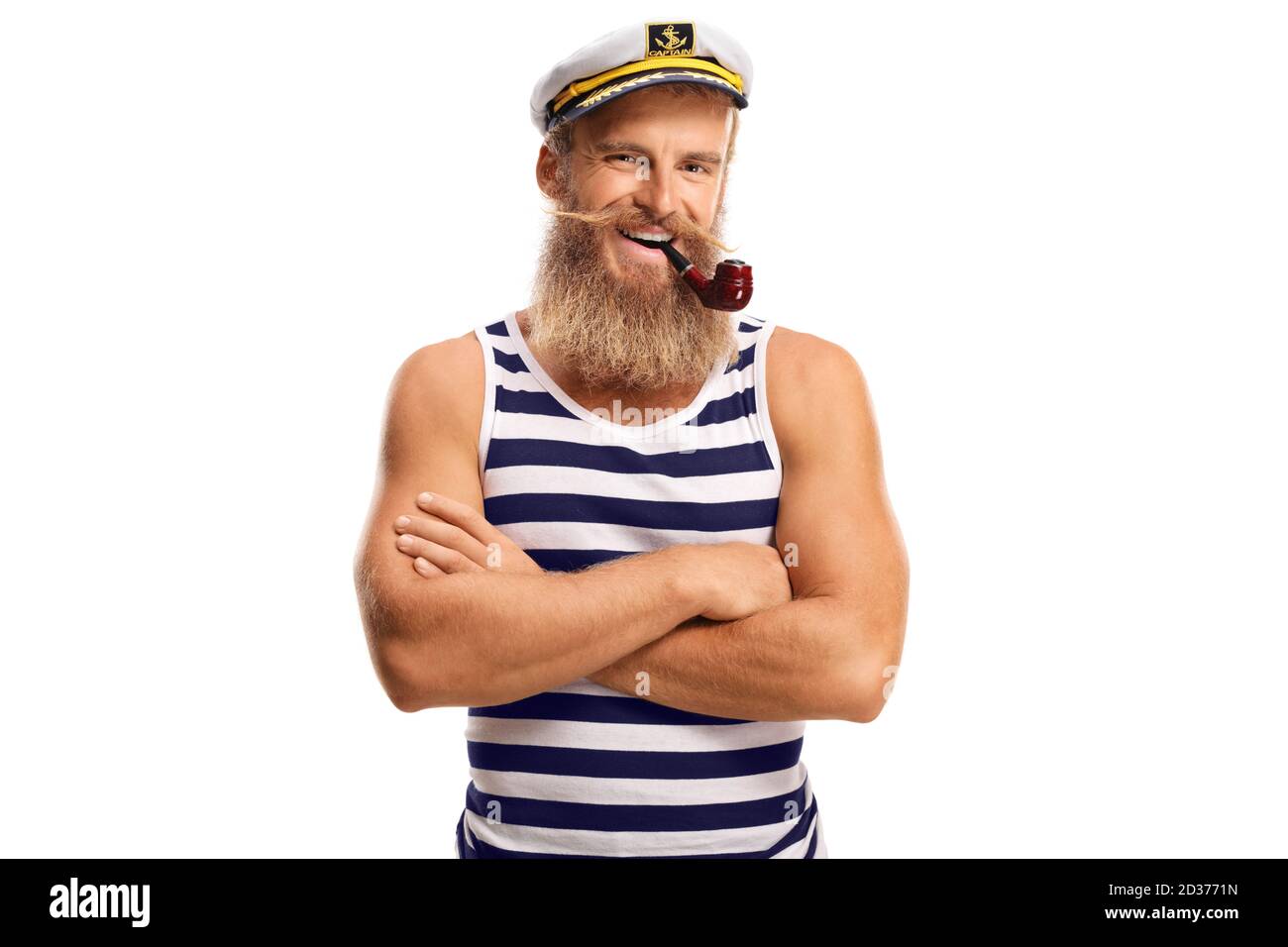Lächelnder junger Seemann mit einer Pfeife und blondem Bart isoliert Auf weißem Hintergrund Stockfoto