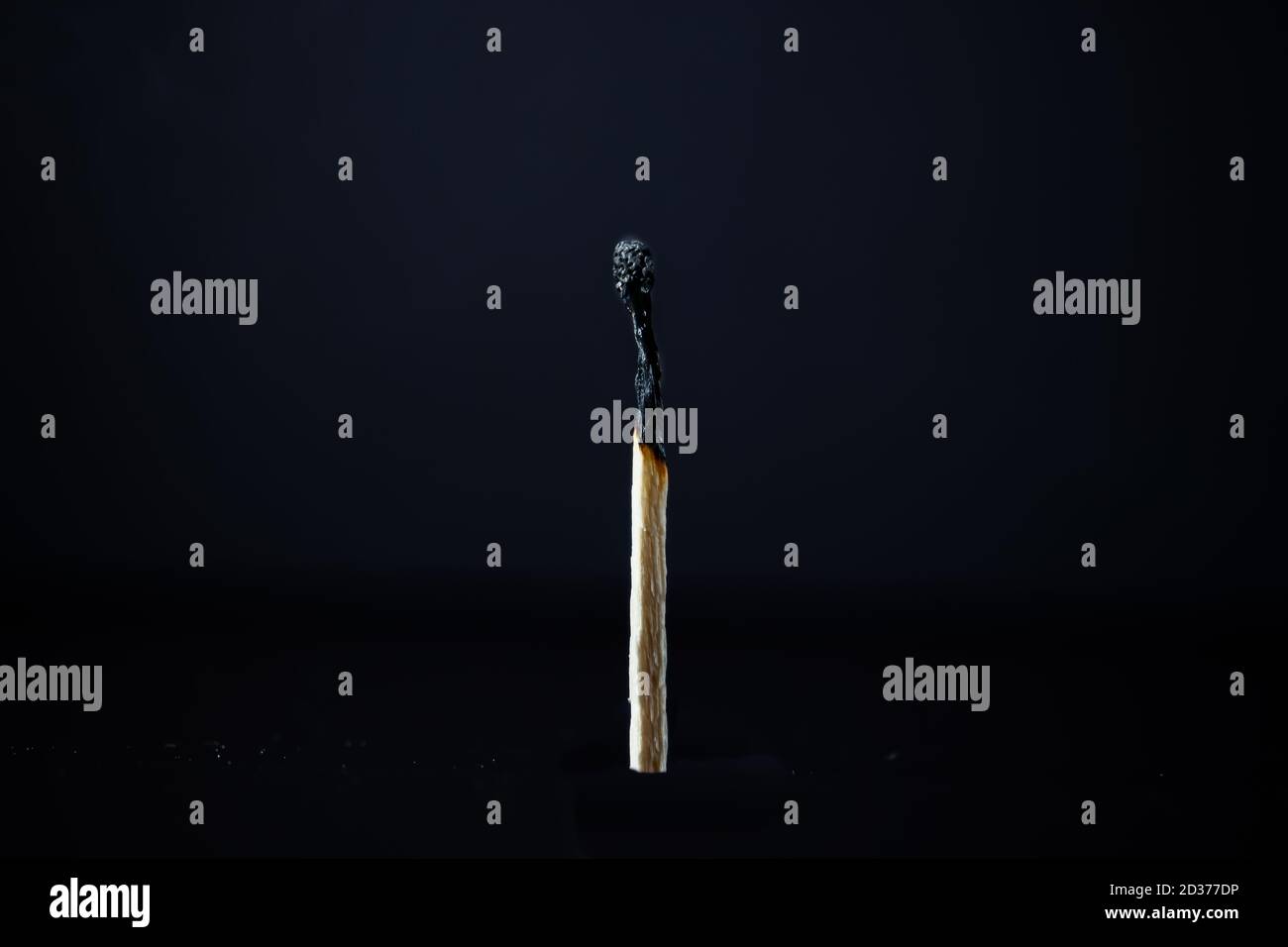 Gebrannter Streichholz auf schwarzem Hintergrund isoliert. Stockfoto