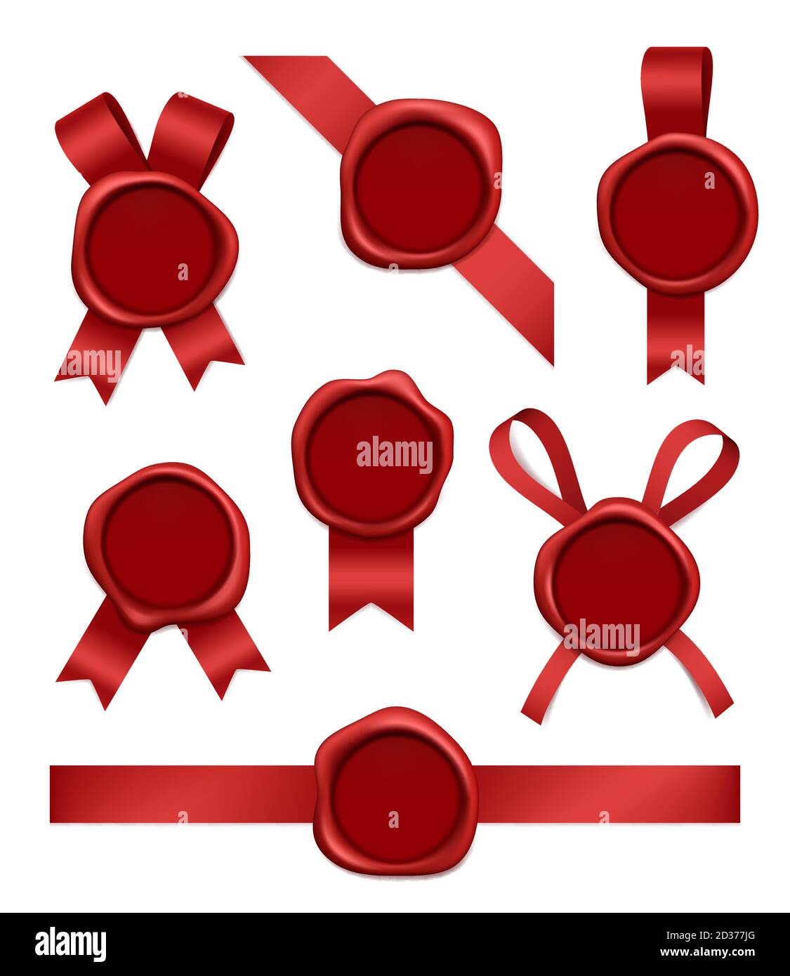 Wachsstempel und Bänder. Versiegelte rote Gummi-Briefmarken mit Bändern Vektor realistische 3d-Bilder Stock Vektor