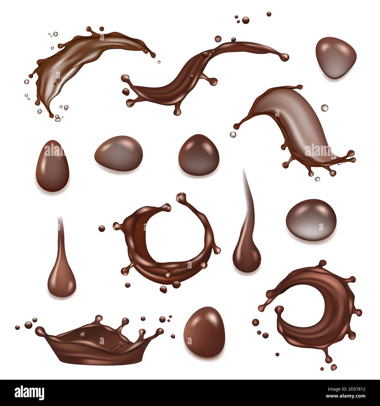 Kaffeespritzer. Braune Schokolade Milch Spritzer von heißen Getränken Dessert Vektor realistische Vorlage Stock Vektor