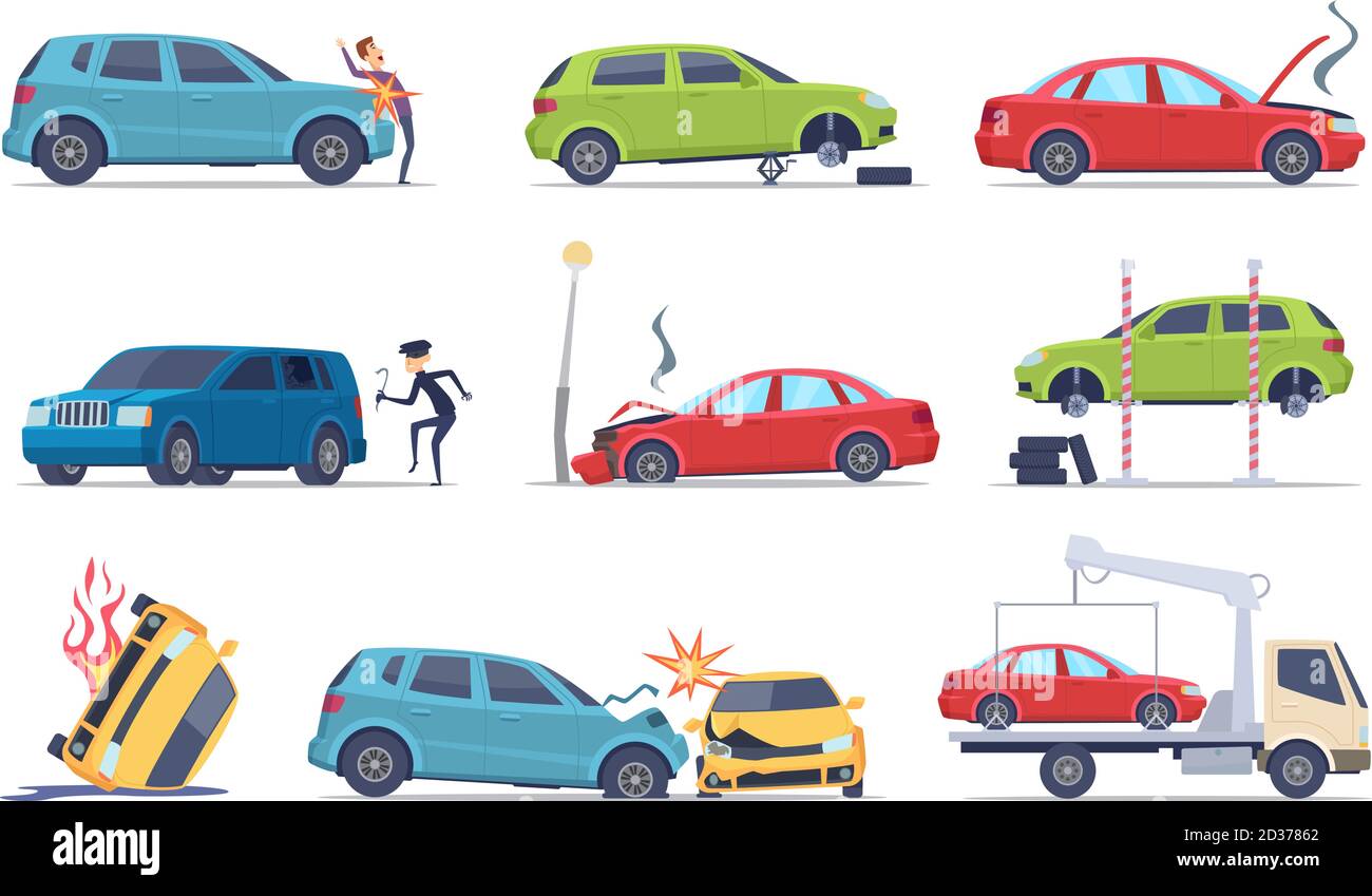 Unfall auf der Straße. Auto beschädigt Fahrzeug Versicherung Transport theif Reparatur Service Verkehr Vektor Bilder Sammlung Stock Vektor