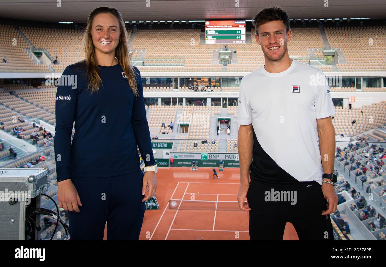 Paris, Frankreich, Italien. Oktober 2020. Nadia Podoroska und Diego Schwartzman aus Argentinien posieren für ein Foto beim Roland Garros 2020, Grand Slam Tennisturnier, am 7. Oktober 2020 im Roland Garros Stadion in Paris, Frankreich - Foto Rob Prange/Spanien DPPI/DPPI im Viertelfinale des Roland Garros 2020, Grand Slam, Tennis Internationals in paris, frankreich, Italien, Oktober 07 2020 Quelle: Independent Photo Agency/Alamy Live News Stockfoto