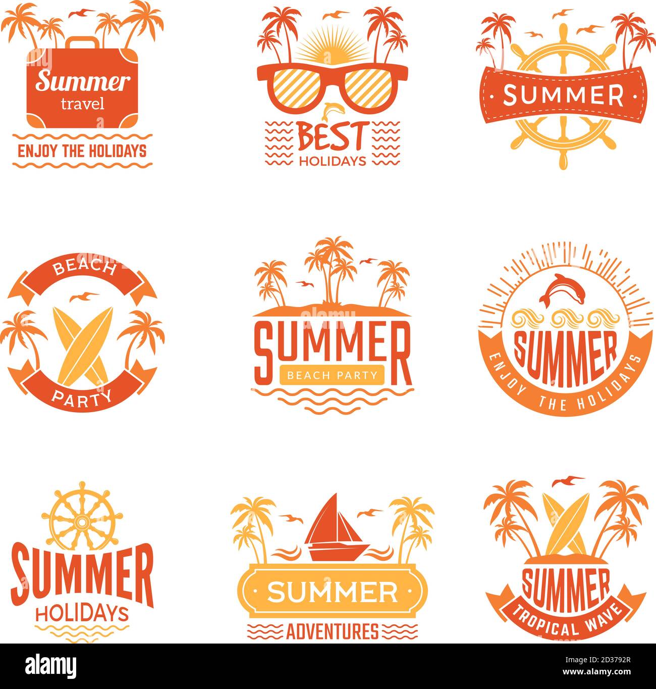 Sommerabzeichen. Reisen Etiketten und Logos Palmen Getränke Sonne Urlaub tropischen Vektor-Symbole Stock Vektor