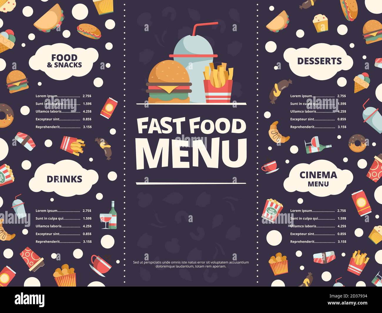 Schnellimbiss. Design-Vorlage von Restaurant-Menü mit Fast Food flache Bilder Burger kalte Getränke Donut Pizza Vektor Stock Vektor