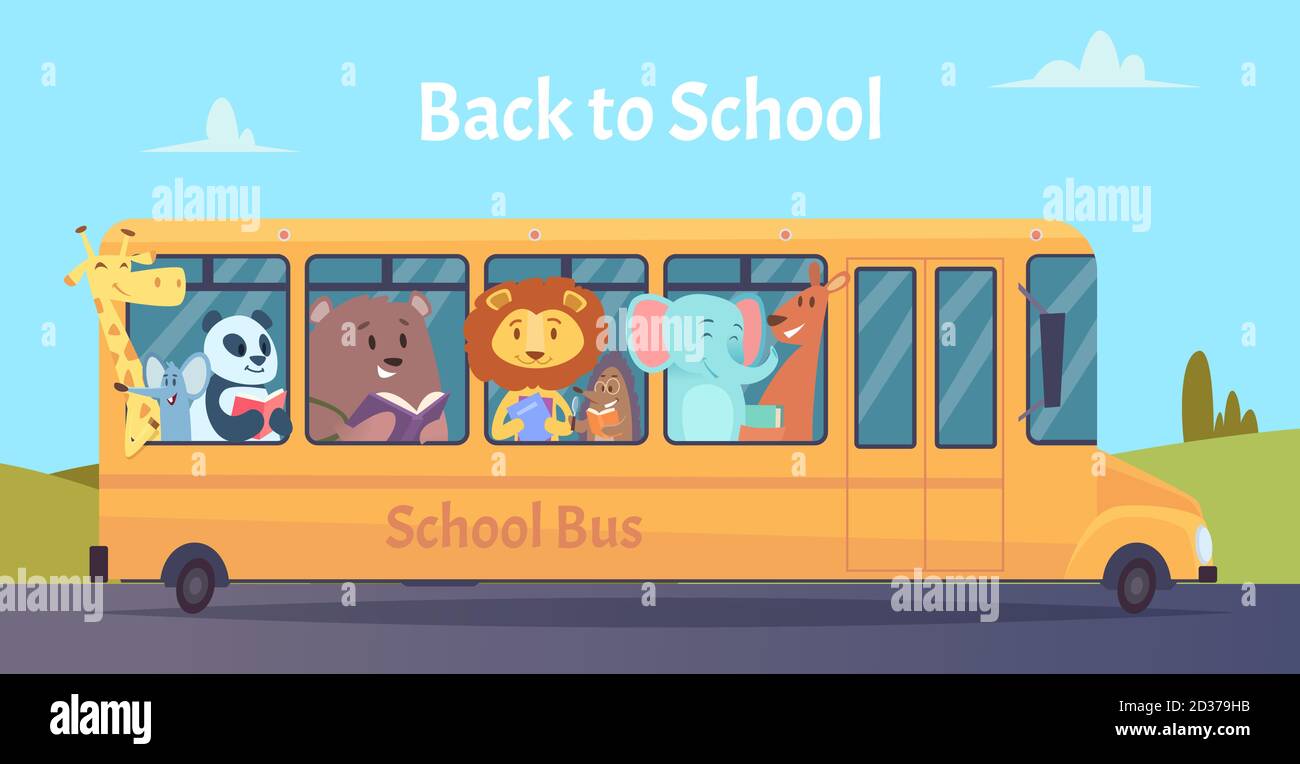 Schulbus. Zoo Tiere Charaktere zurück zur Schule auf gelben Bus Vektor Lernen Bildung Konzept Stock Vektor