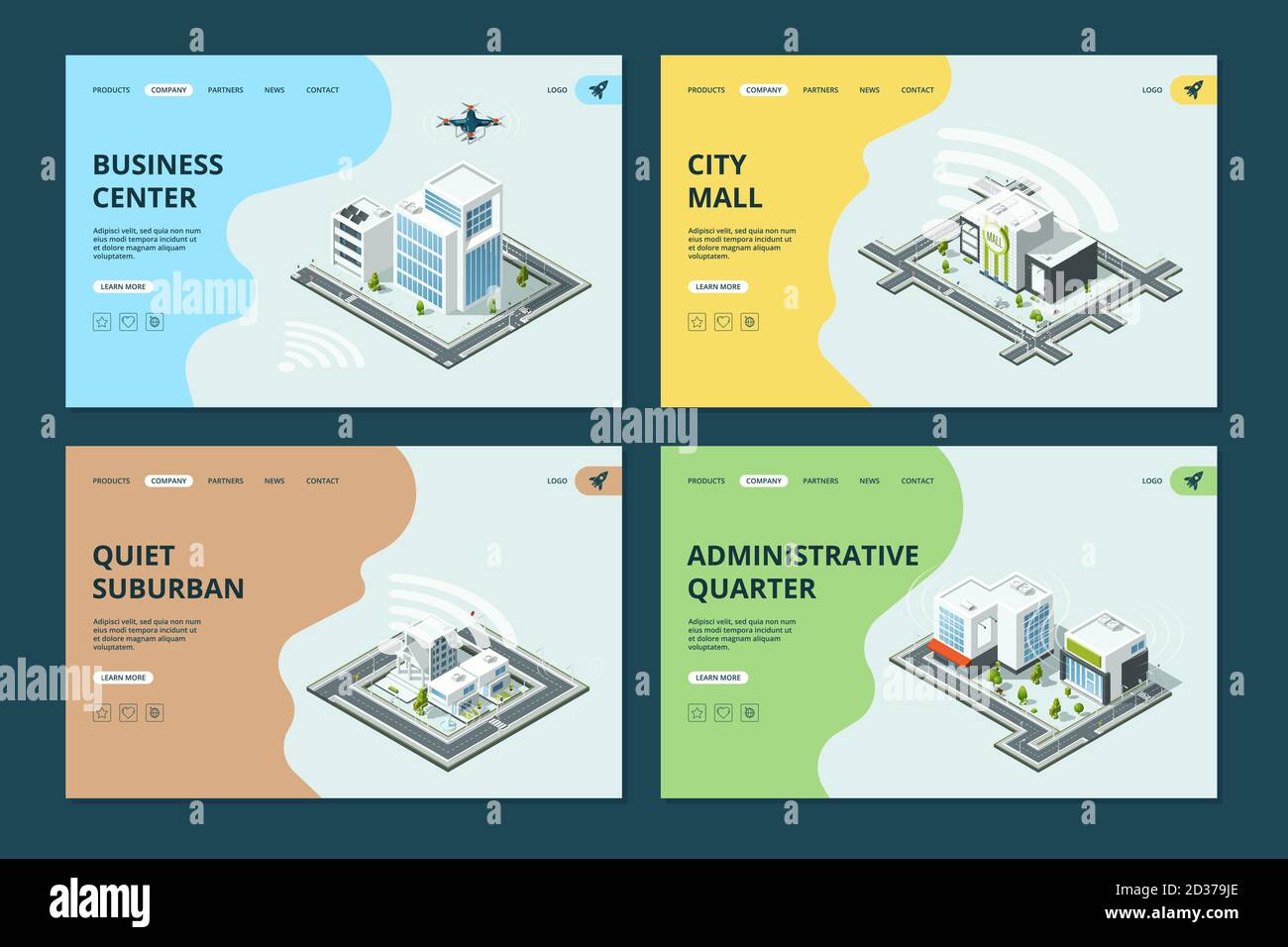 Intelligente Stadt. Website Landing Pages Vorlage mit isometrischen Stadtlandschaften Architekturen Vektor-Design Stock Vektor