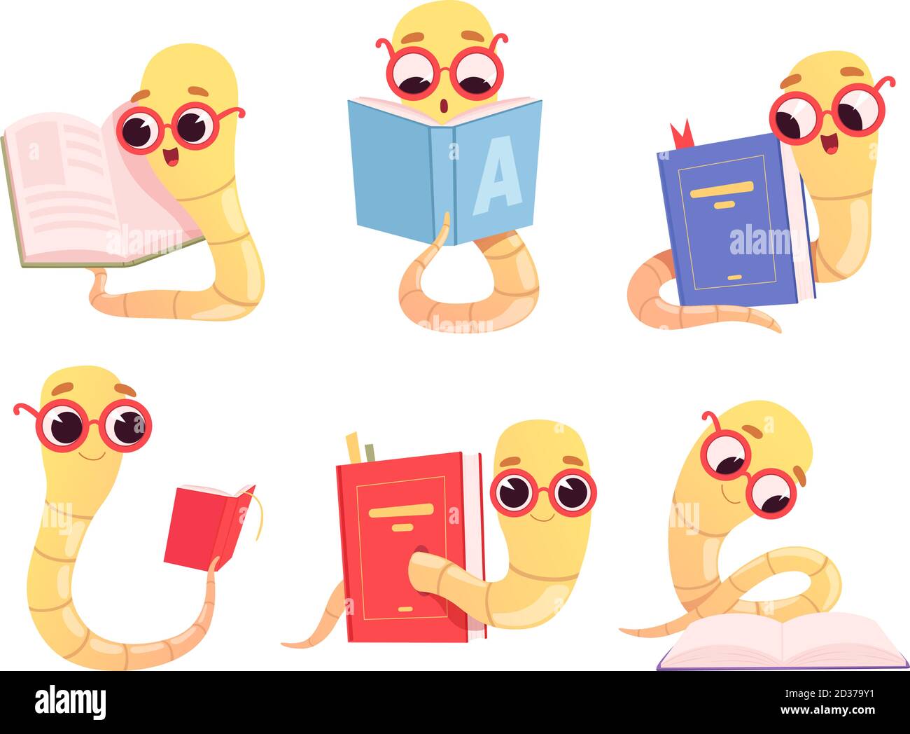 Bücherwürmer Cartoon. Zurück zur Schule Charakter Lesen Bücher Bibliothek Wurm glücklich smart Baby Tier Vektor Illustrationen Stock Vektor