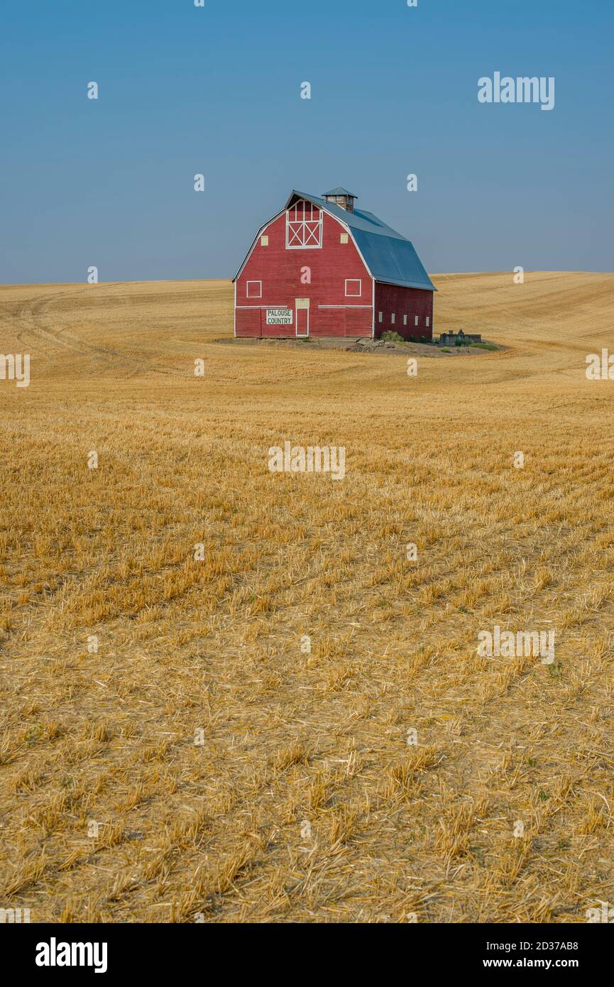 Rote Scheune in geerntetem Weizenfeld im Palouse bei Pullman, Eastern Washington, USA. Stockfoto