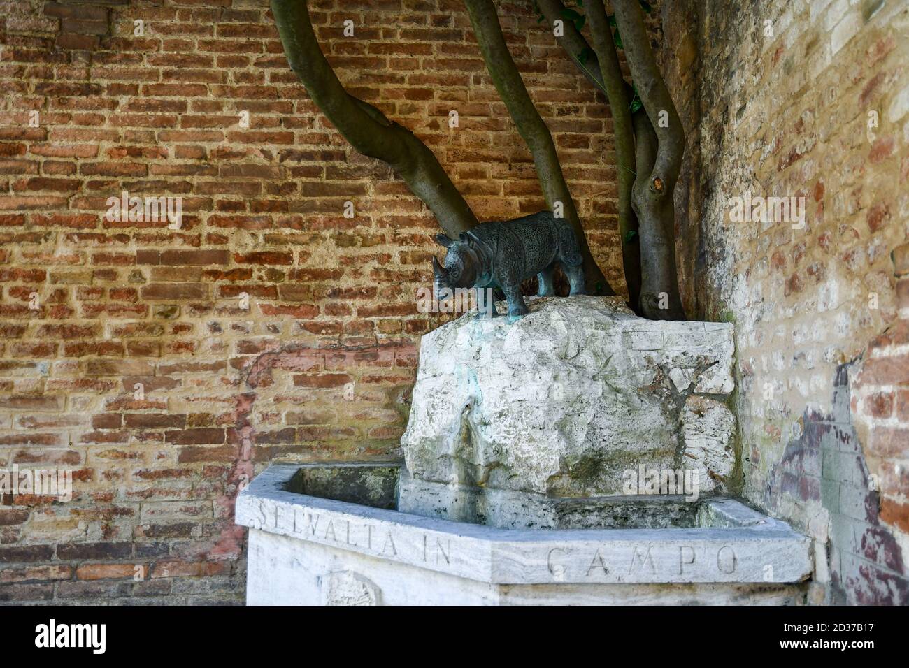 Rhinoceros Brunnen von Vinicio Guastatori (1965), Symbol der Contrada della Selva, im historischen Zentrum von Siena, Toskana, Italien Stockfoto