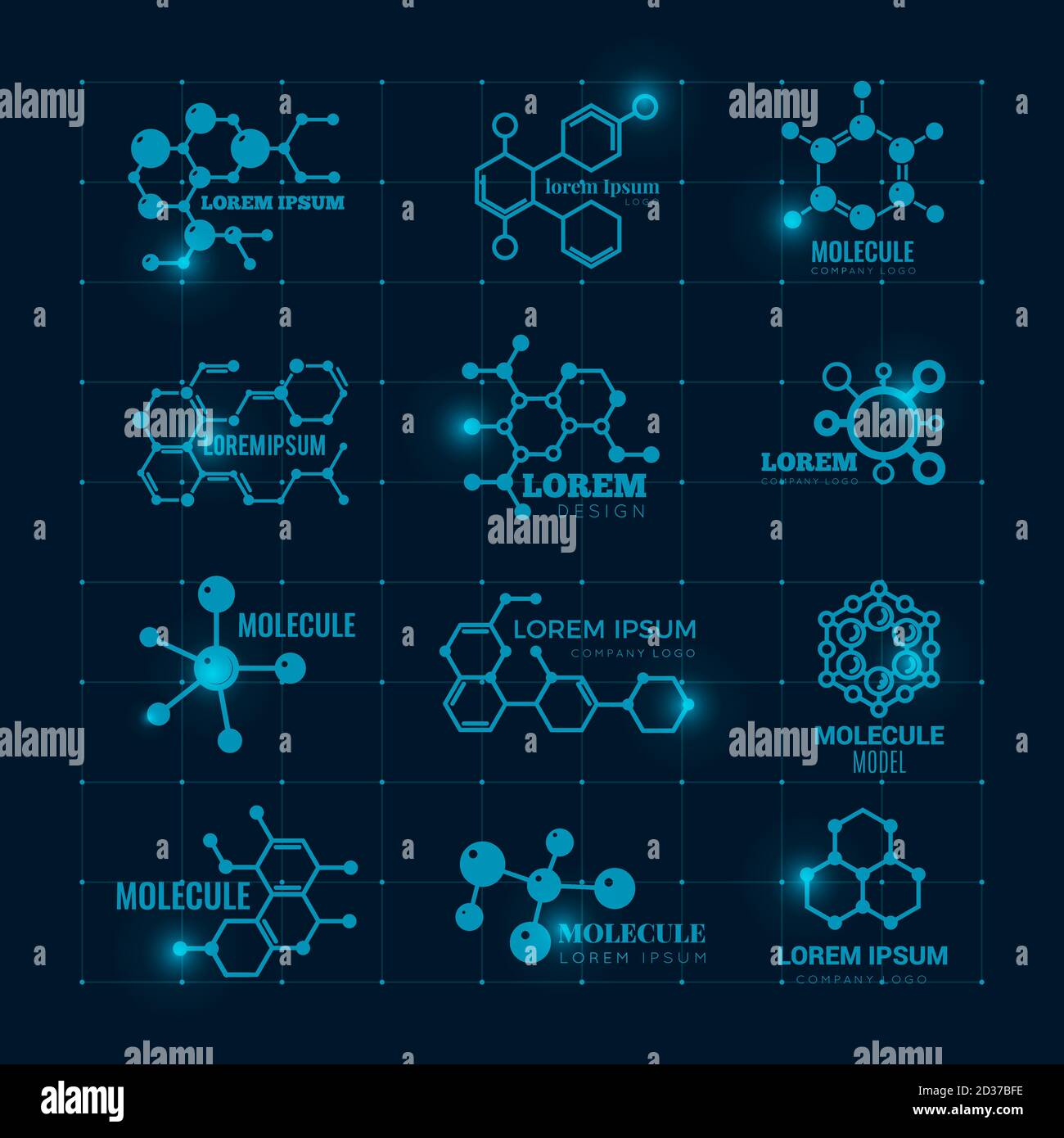 Molecular Logo mit Glanzeffekt. Chemie dna Molekül wissenschaftliche Struktur Atom Symbole Vektor-Set Stock Vektor