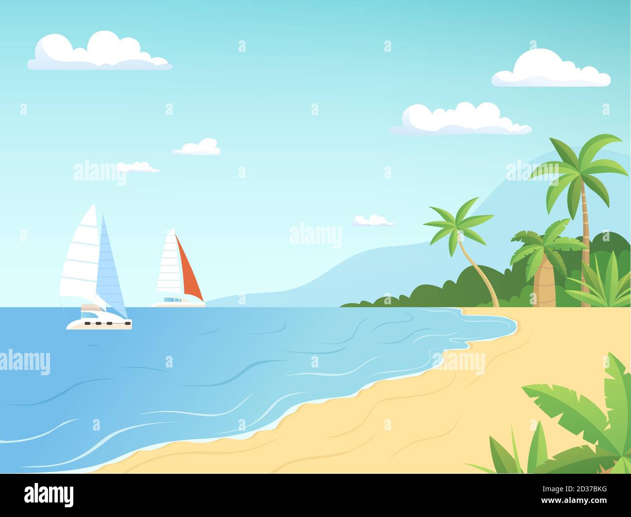 Küstenlandschaft. Sommer Strand mit Palmen Segelboote Abenteuer Cartoon im Freien Hintergrund Stock Vektor
