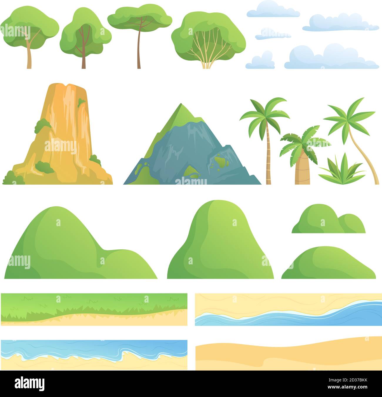 Landschaftskonstruktor. Kreation Kit mit Bäumen Sträucher Berge Hügel Wolken Küste Sand und Gras Vektor Cartoon Sammlung Stock Vektor