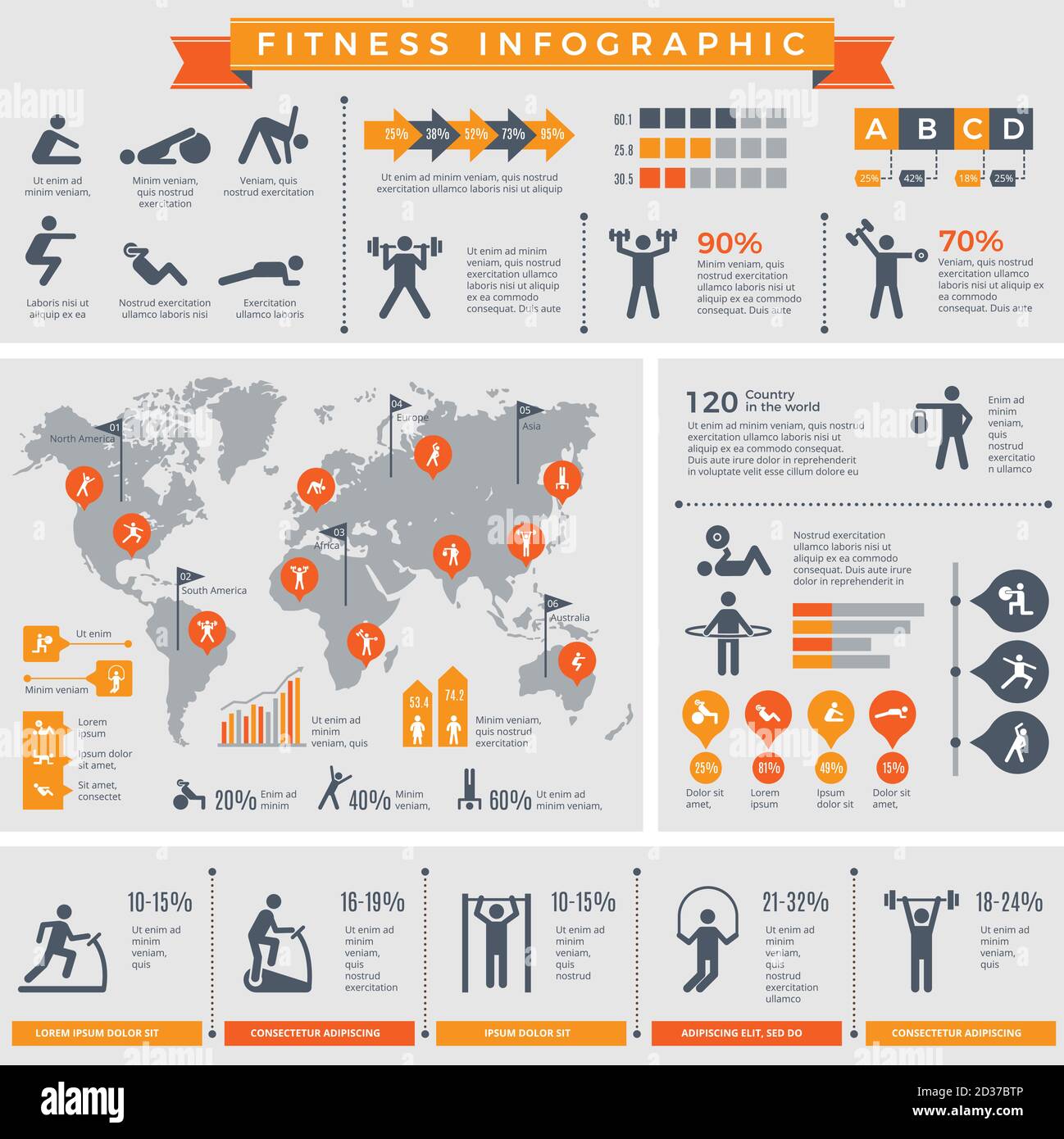 Infografik Fitness. Sport Lifestyle gesunde Menschen machen Übungen im Fitnessstudio oder im Freien Vektor Infografik Vorlage. Illustration von Fitness und Sport Stock Vektor