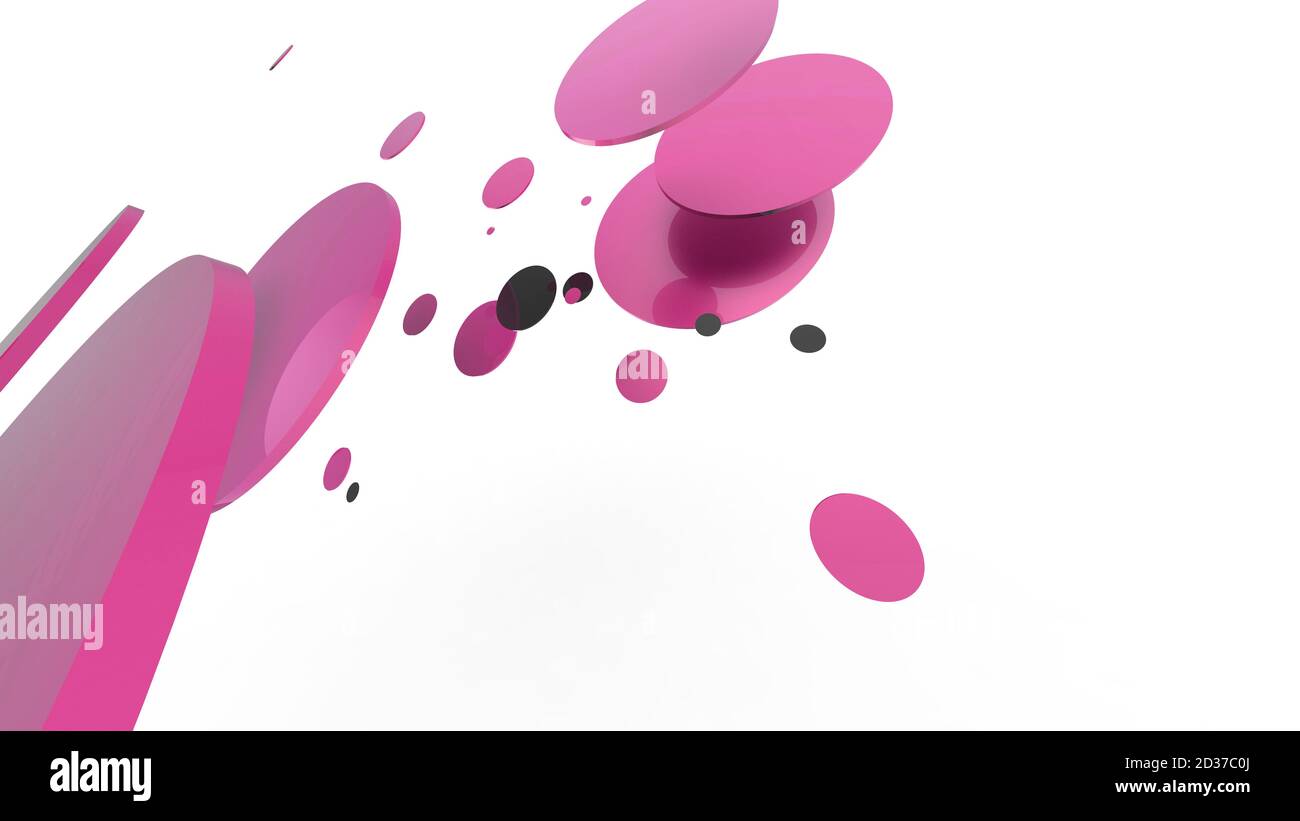 Rosa Metall und undurchsichtige Kreise und Zylinder auf farbigem Hintergrund. Abstrakter Hintergrund für grafische Gestaltung mit transparentem Glas. 3d-Rendering illustrati Stockfoto