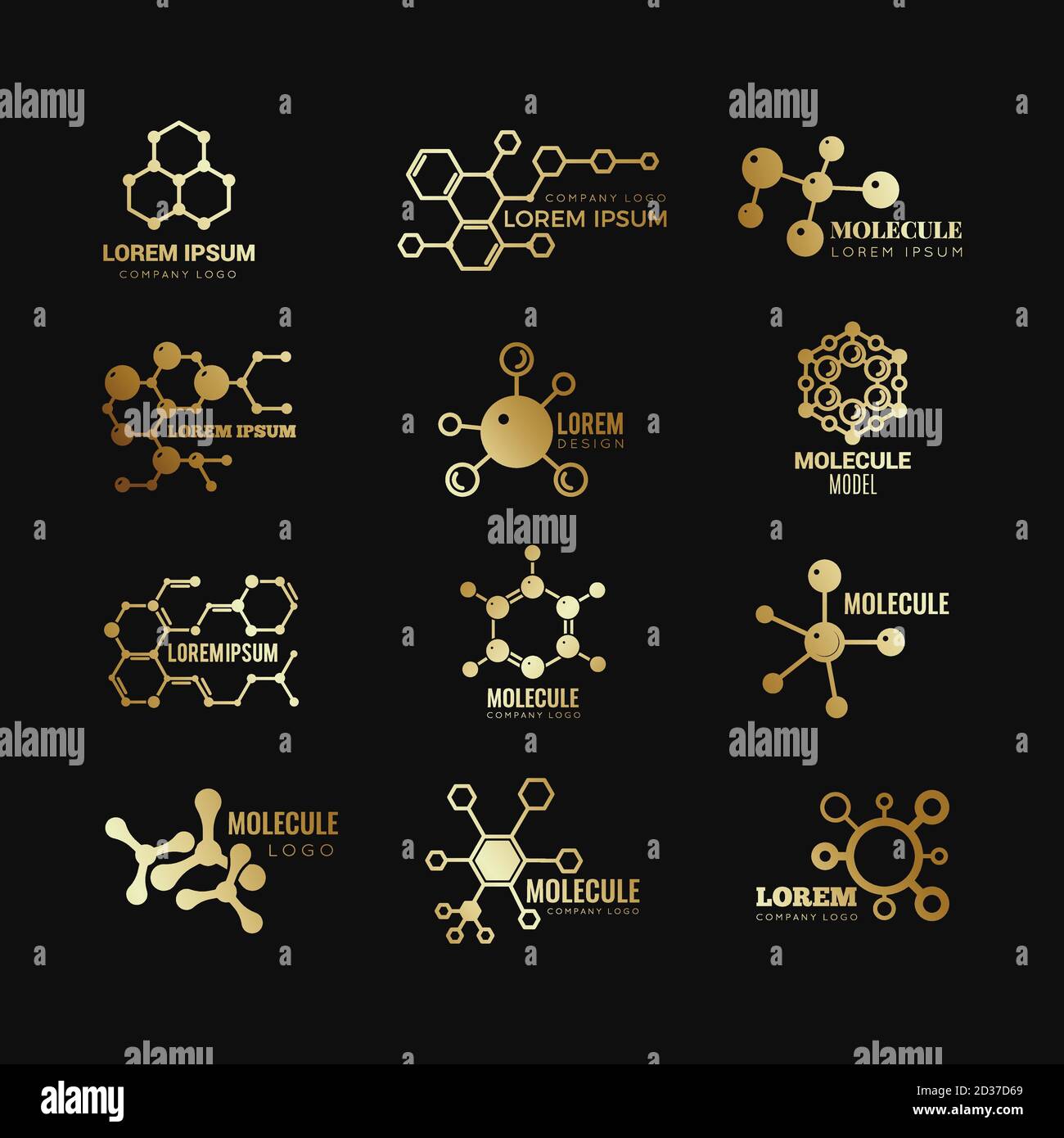 Golden Molecular Vector-Logotypen. Evolution Konzept Formel Chemie Gentechnologie Symbole gesetzt Stock Vektor Golden Molecular Vector-Logotypen. Evolution Konzept Formel Chemie Gentechnologie Symbole gesetzt Stock Vektor