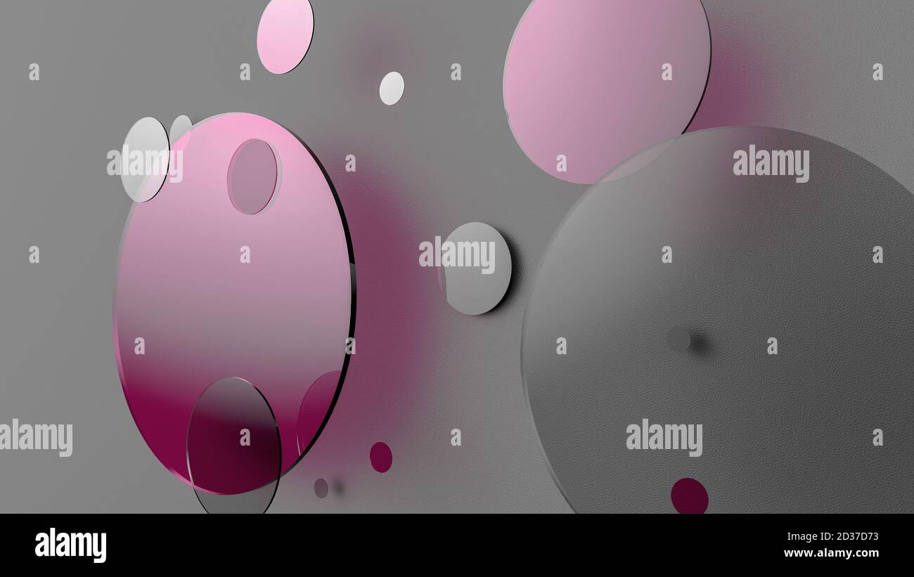 Rosa Metall und undurchsichtige Kreise und Zylinder auf farbigem Hintergrund. Abstrakter Hintergrund für grafische Gestaltung mit transparentem Glas. 3d-Rendering illustrati Stockfoto