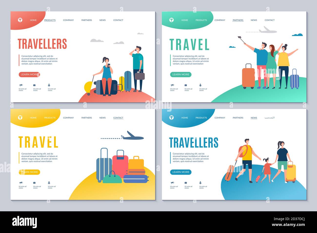 Reisende und Reisen Landing Page Vektor-Vorlagen mit Erwachsenen und Kinder mit Koffern Stock Vektor