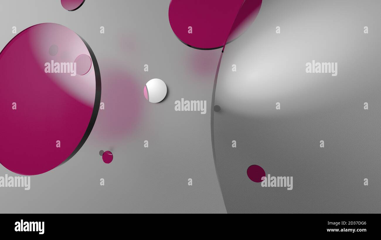 Rosa Metall und undurchsichtige Kreise und Zylinder auf farbigem Hintergrund. Abstrakter Hintergrund für grafische Gestaltung mit transparentem Glas. 3d-Rendering illustrati Stockfoto