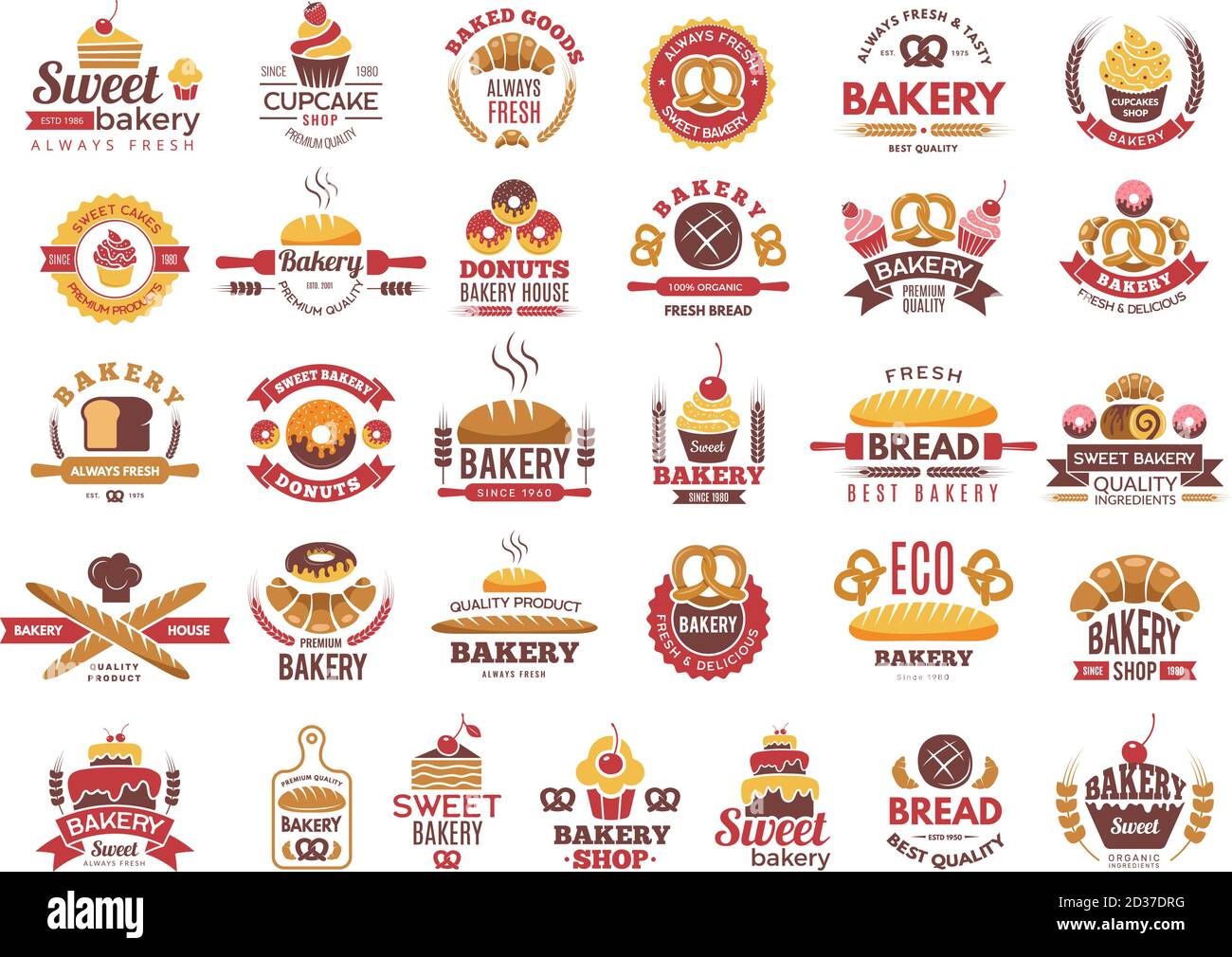 Farbige Etiketten für Backwaren. Vintage-Lebensmittel-Logos mit Kochen Gebäck Symbole Vektor-Sammlung Stock Vektor