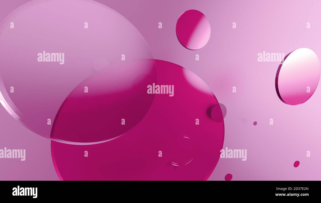 Rosa Metall und undurchsichtige Kreise und Zylinder auf farbigem Hintergrund. Abstrakter Hintergrund für grafische Gestaltung mit transparentem Glas. 3d-Rendering illustrati Stockfoto