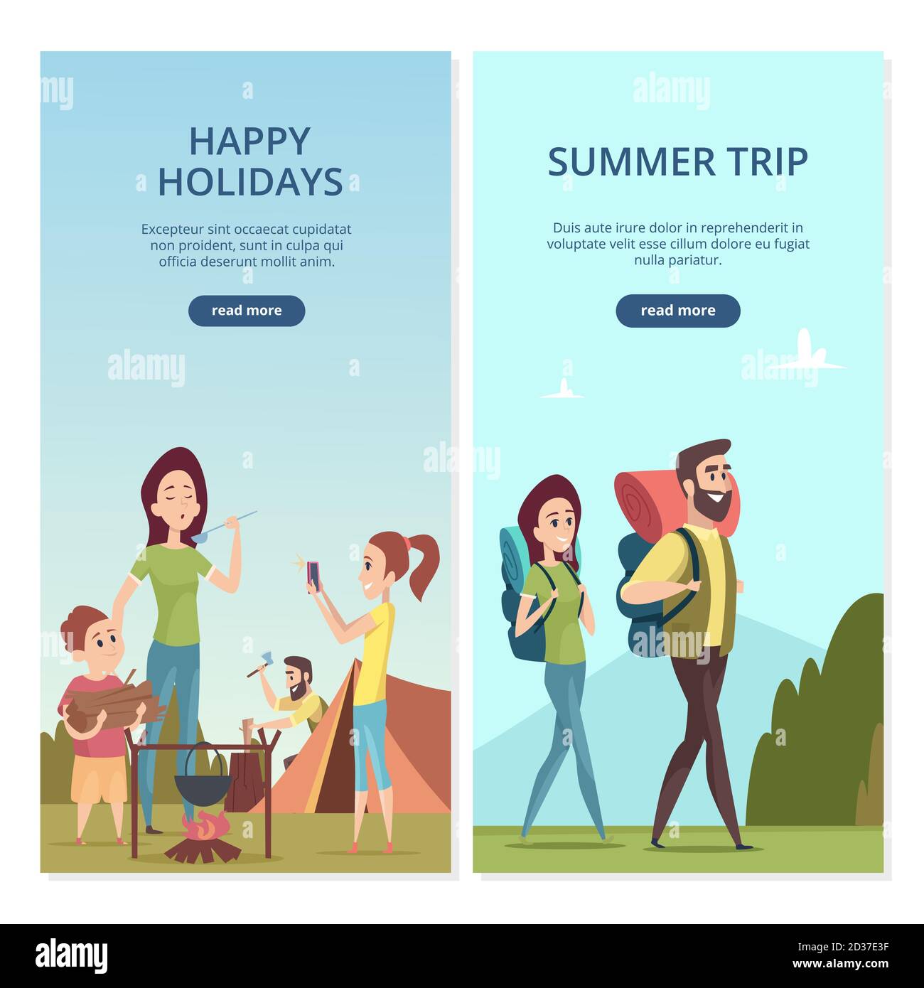 Sommer Camping Vektor Banner. Familienausflug und Reise Illustration Stock Vektor