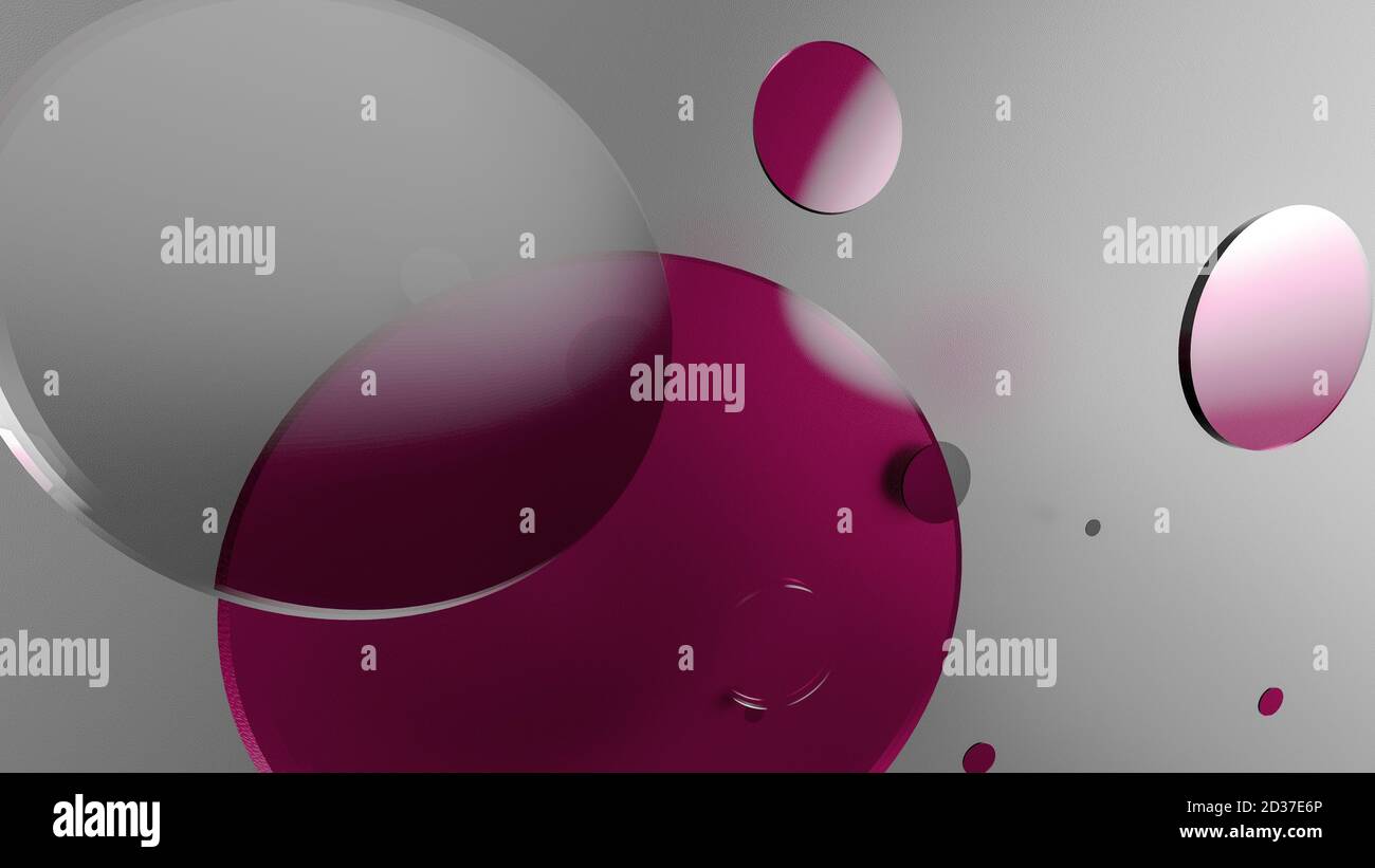 Rosa Metall und undurchsichtige Kreise und Zylinder auf farbigem Hintergrund. Abstrakter Hintergrund für grafische Gestaltung mit transparentem Glas. 3d-Rendering illustrati Stockfoto