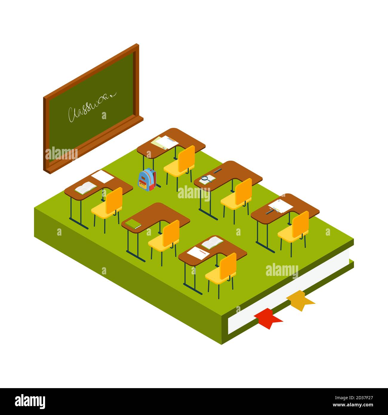 Isometrischer Vektor im Klassenzimmer. Schulzimmer mit Kreidetafel, Klassenschreibtische und Stühle 3D-Illustration Stock Vektor