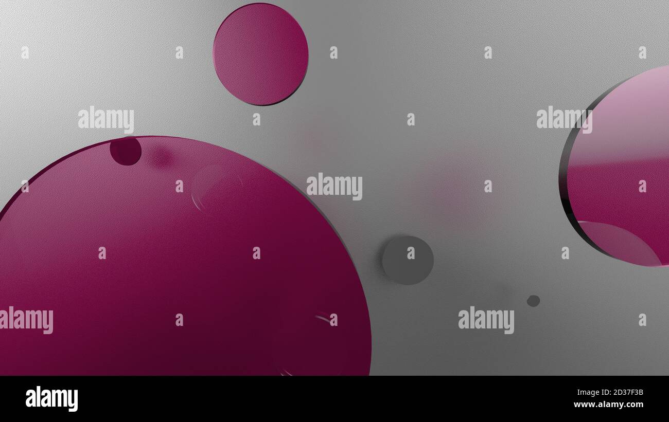 Rosa Metall und undurchsichtige Kreise und Zylinder auf farbigem Hintergrund. Abstrakter Hintergrund für grafische Gestaltung mit transparentem Glas. 3d-Rendering illustrati Stockfoto