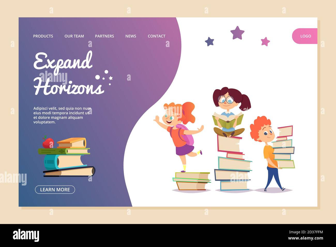 Horizont-Vektor-Konzept erweitern. Landing Page-Vorlage wird gelesen. Cartoon Kinder lesen Bücher Stock Vektor