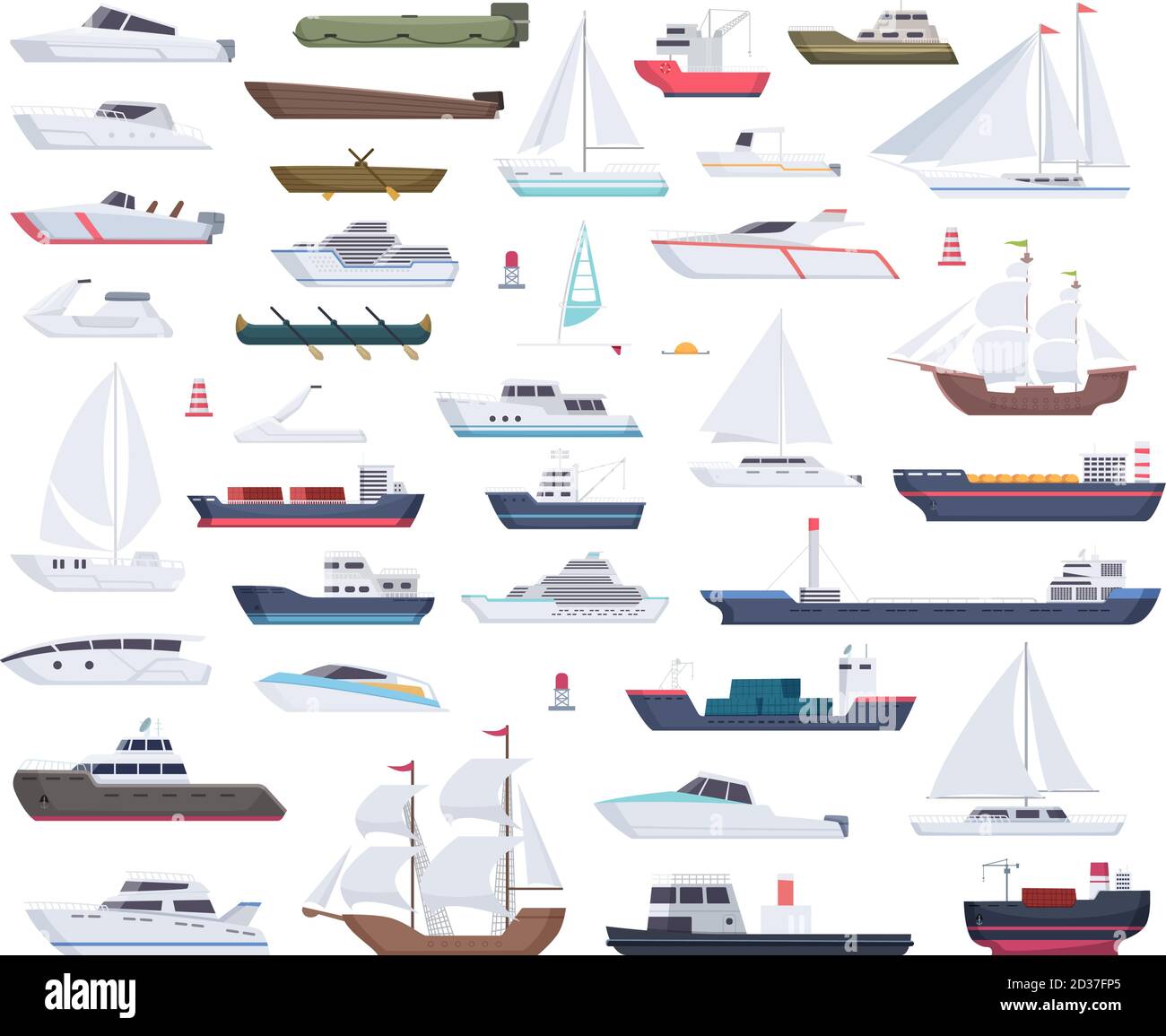 Seeschiffe. Yacht Segelboote und reisen große und kleine Schiff Vektor Cartoon Sammlung Stock Vektor