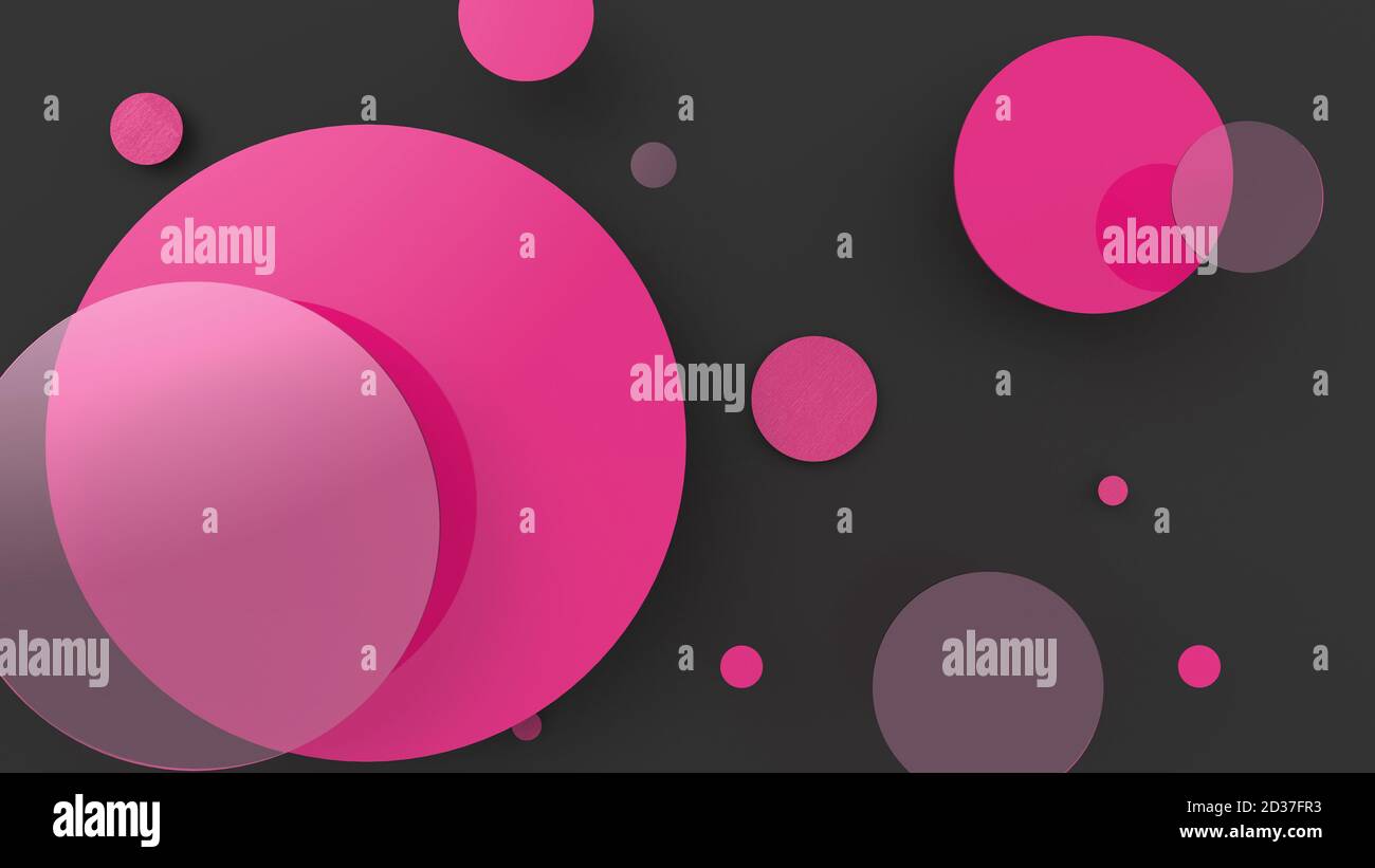 Rosa Metall und undurchsichtige Kreise und Zylinder auf farbigem Hintergrund. Abstrakter Hintergrund für grafische Gestaltung mit transparentem Glas. 3d-Rendering illustrati Stockfoto