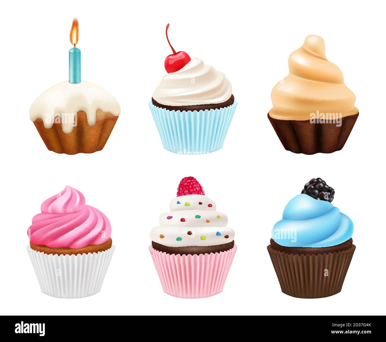 Cupcakes Desserts. Süßigkeiten Muffins mit Sahne und Schokolade Kuchen Vektor realistische Bilder Sammlung Stock Vektor