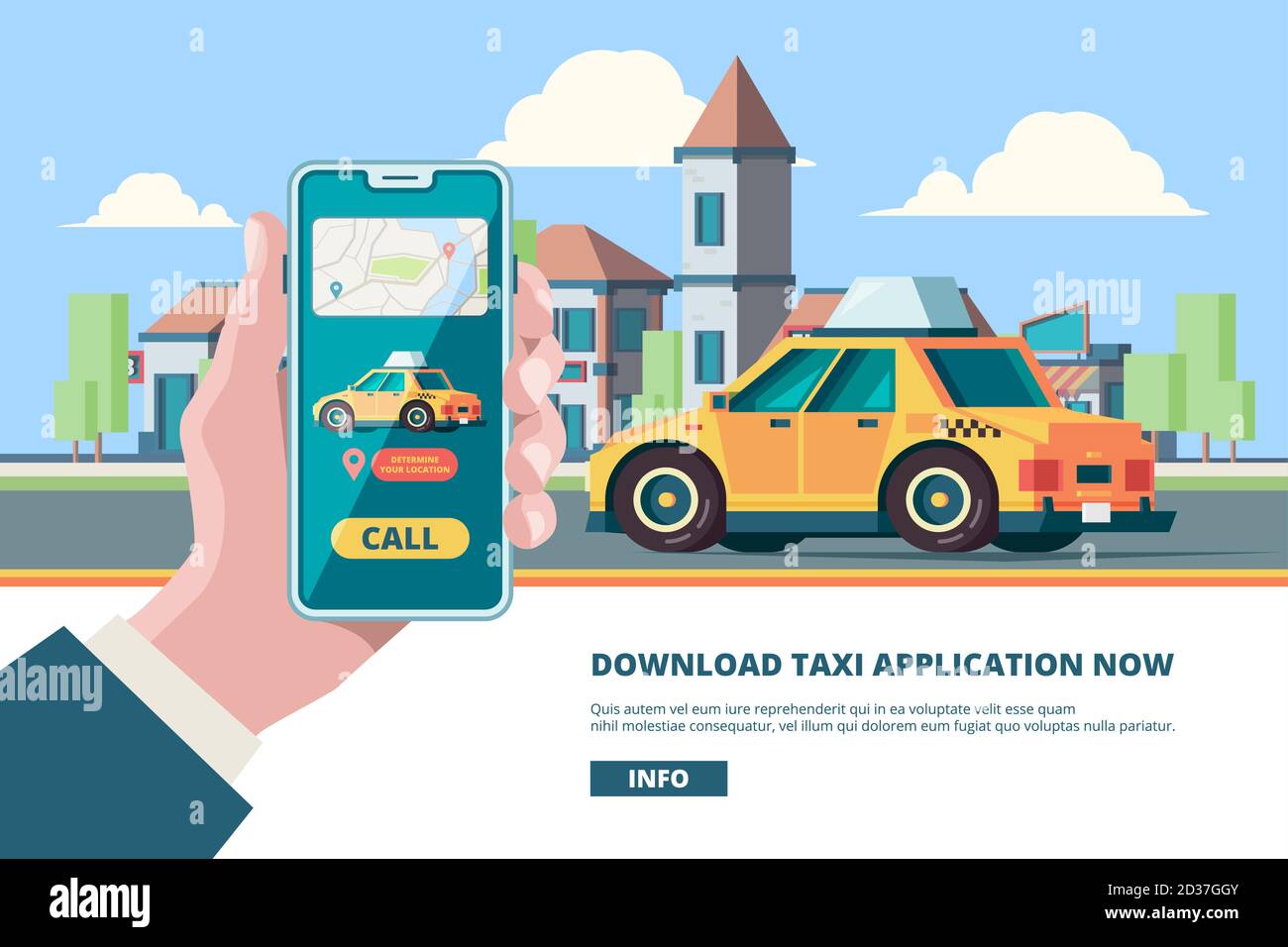 Bestellen Sie ein Taxi. Smartphone in der Hand online drücken Sie Bestelltaste urbane Mobilität Taxi in der Nähe von Gebäuden Vektor Konzept Bild Stock Vektor