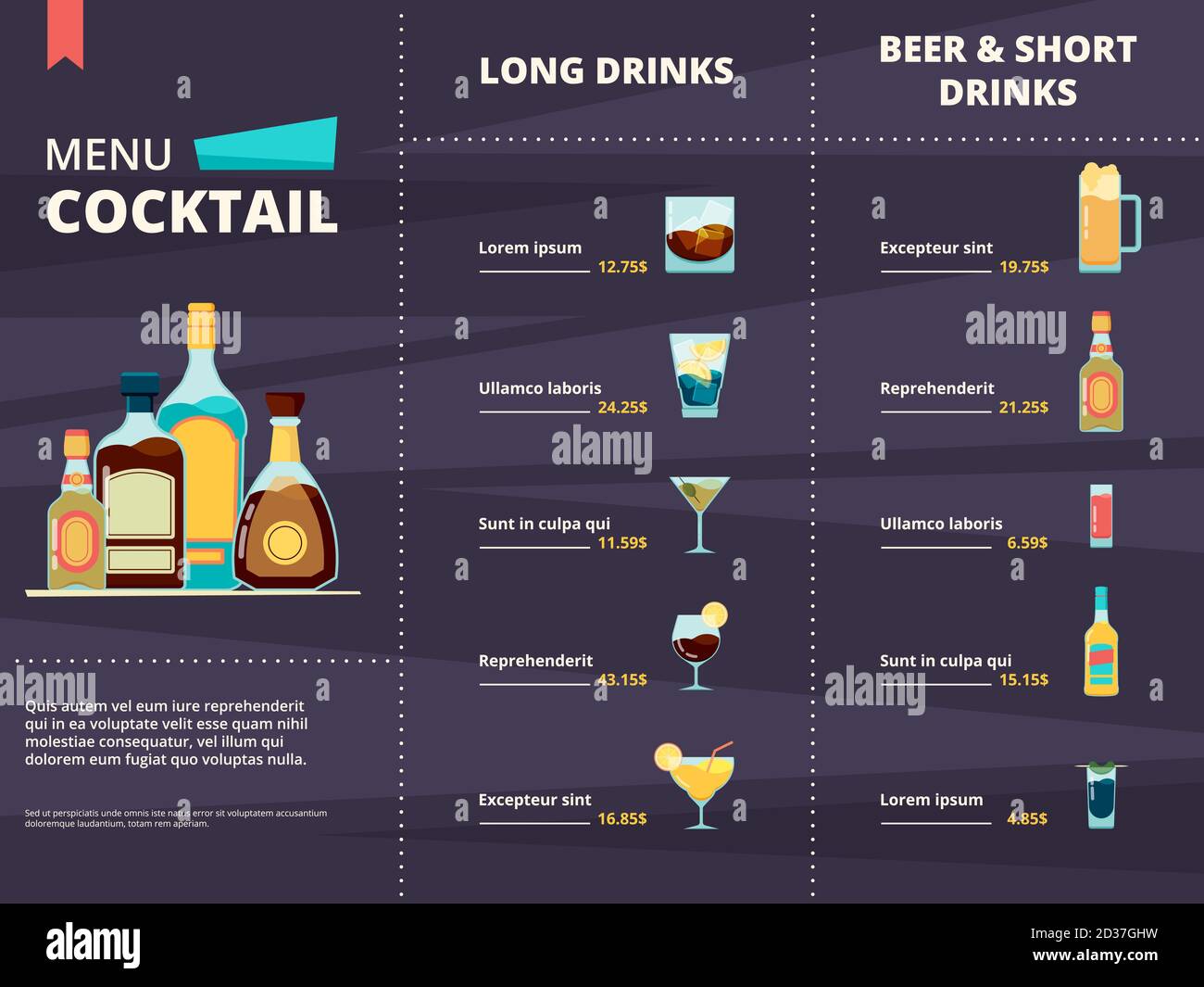 Cocktailkarte. Alkoholische verschiedene Corporate Drinks in Restaurant oder Bar Menü Vektor Design Vorlage Stock Vektor