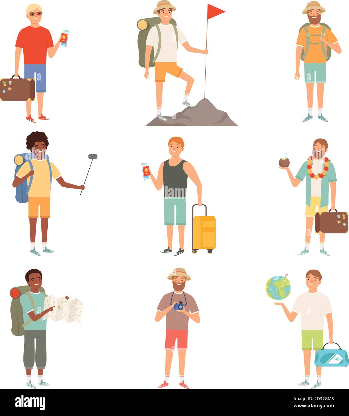 Abenteuer Menschen. Outdoor-Charaktere Rucksacktouristen männlich erkunden Natur glücklich Reisende Vektor Cartoon Illustrationen Stock Vektor