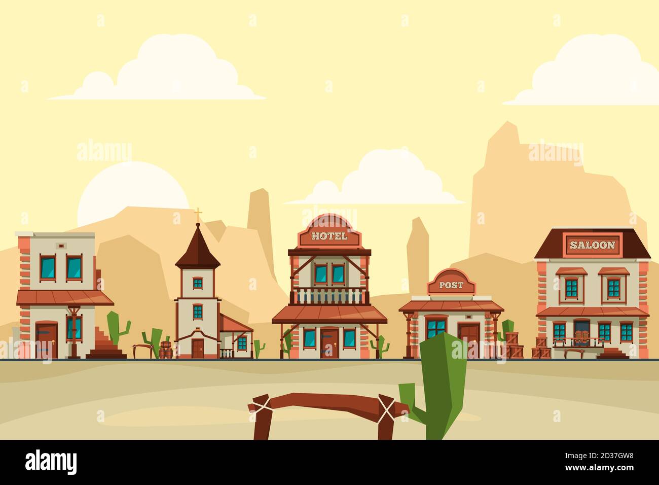 Wild West Town. Alte westliche architektonische Elemente Stadt Hintergrund mit Saloon Bar und speichern Vektor Hintergrund Illustrationen Stock Vektor