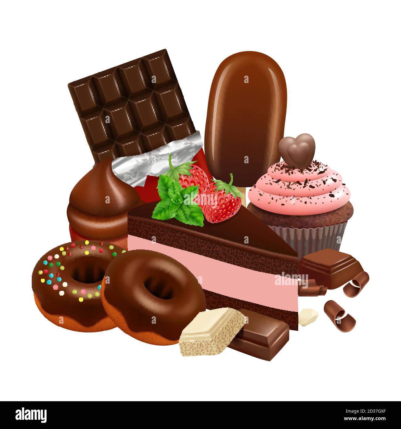 Schokoladendesserts Kollektion. Realistische Cupcake, Kuchen, glasierte Donuts, Schokolade Bar Vektor-Illustration Stock Vektor