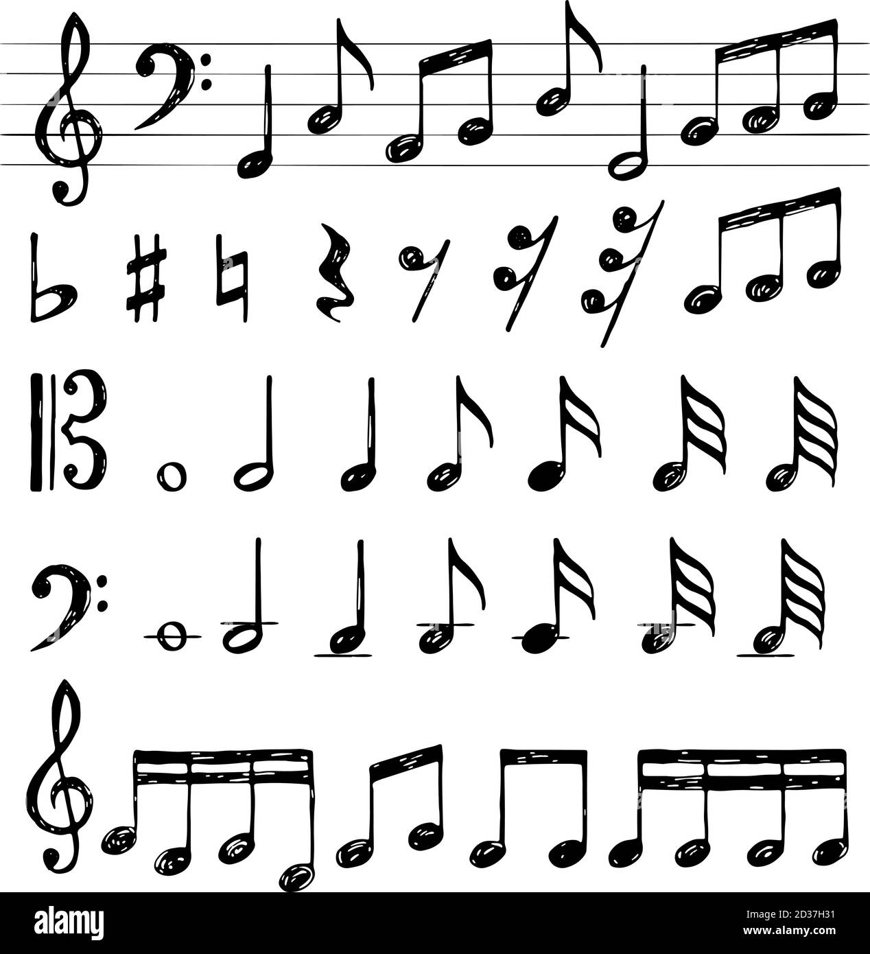 Musiknotenkollektion. Höhen-Schlüssel Ton schwarze Symbole Klavier Tasten stave f scharfe Vektorbilder Stock Vektor