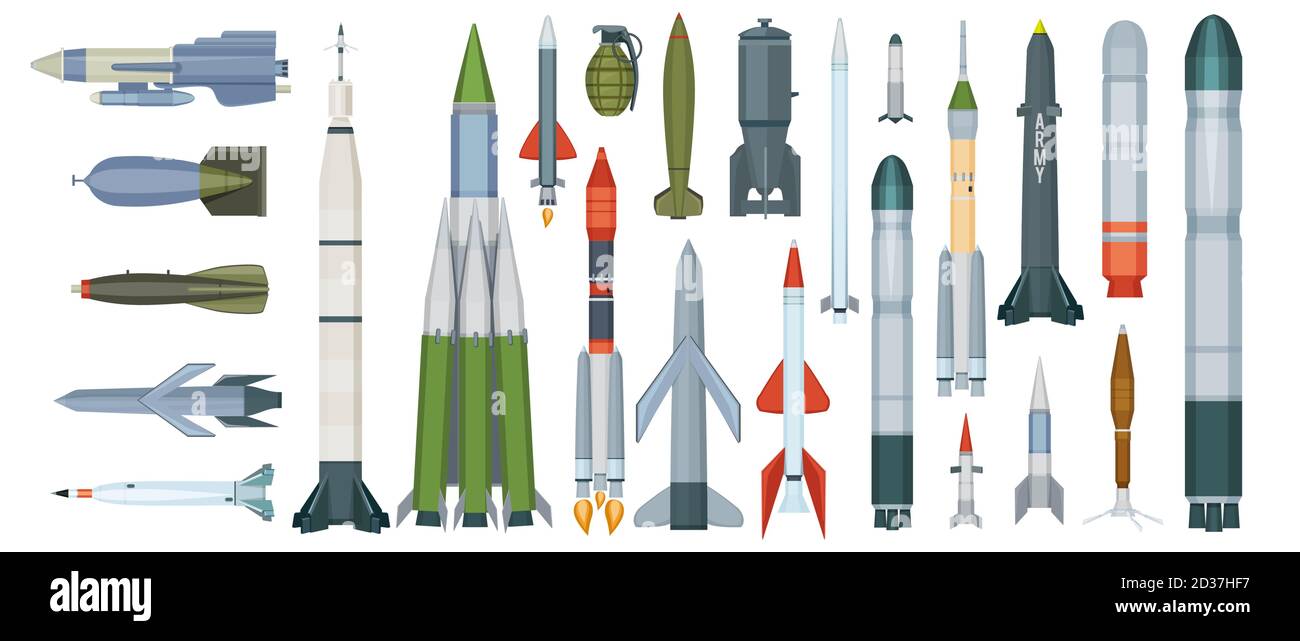 Armeewaffen. Propeller Motor militärische Rakete gefährliche ballistische Waffen Vektor Cartoon Sammlung Stock Vektor