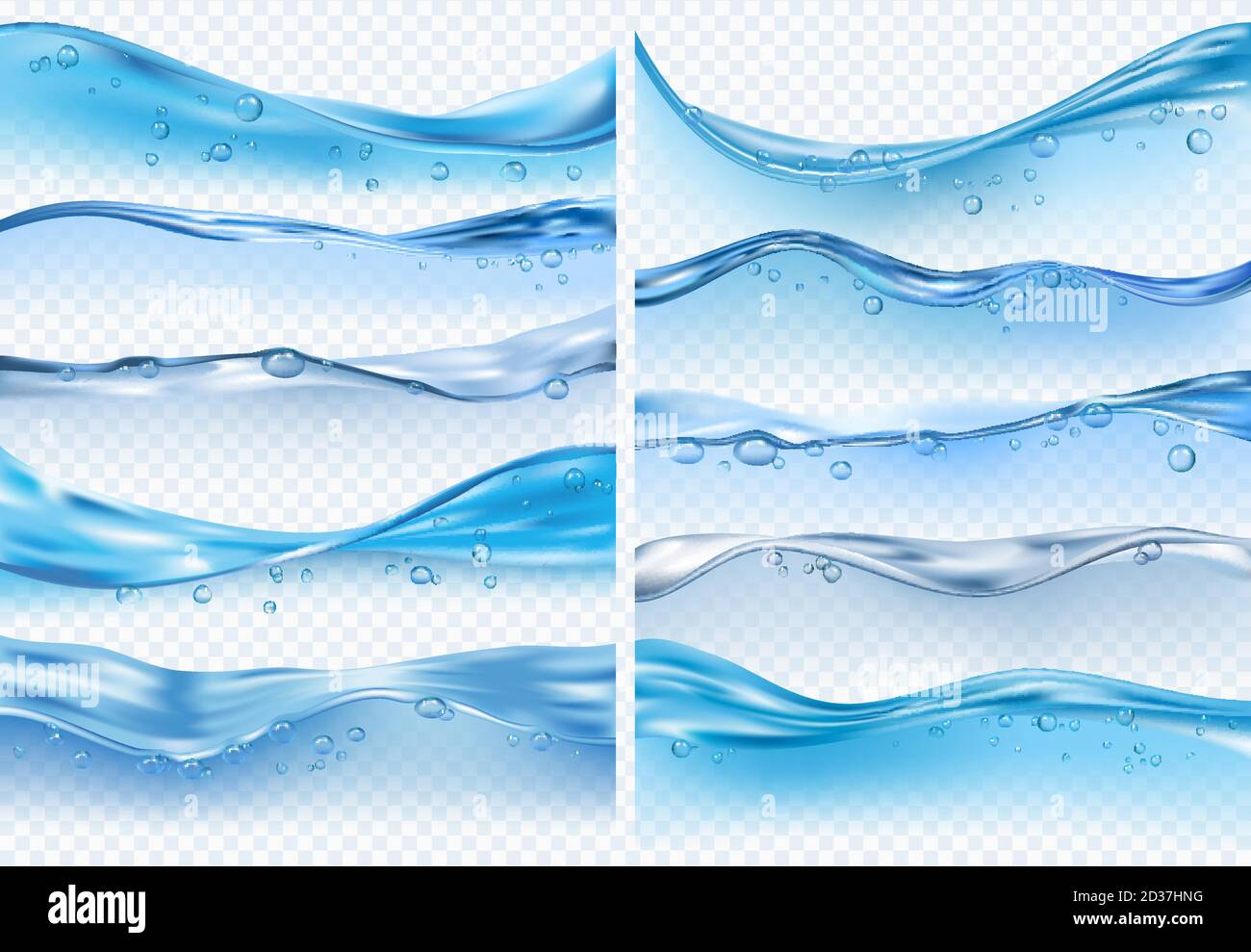 Wellen Sie realistische Spritzer. Flüssige Wasseroberfläche mit Blasen und Spritzern Meer oder Meeresvektor Hintergründe Stock Vektor