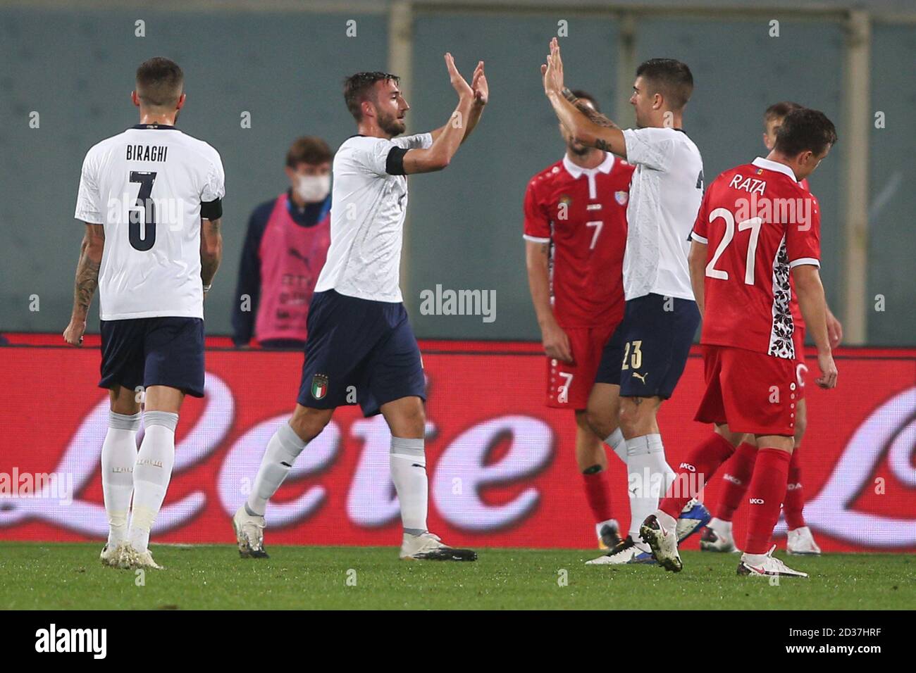 Florenz, Italien. Oktober 2020. Florence 07/10/2020: CRISTANTE, Spinazzola (italien) FEIERT DAS TOR während des Freundschaftsspiels zwischen Italien und Moldawien im Artemio Franchi Stadion in Florenz. Kredit: Unabhängige Fotoagentur/Alamy Live Nachrichten Stockfoto