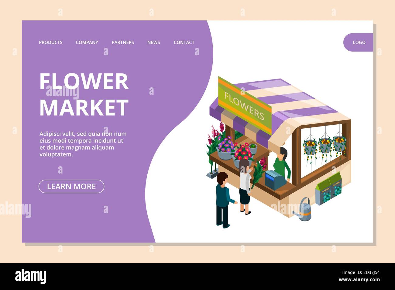 Vorlage für die Landing Page des Blumenmarktes. Isometrische Blumen, Zähler, Menschen Vektor Illustration Stock Vektor